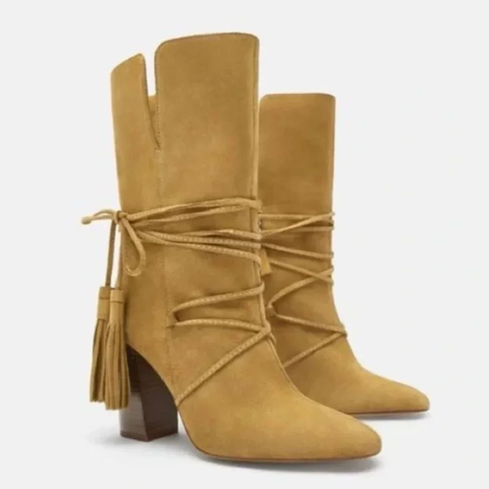 Bohemian | Zara Camel Suede Wrap Boot | Fringe Tassel | Western Cowgirl | Size 8 - Picture 6 of 6
